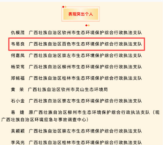 百色市生态环境执法支队及韦易良双双获生态环境部表彰